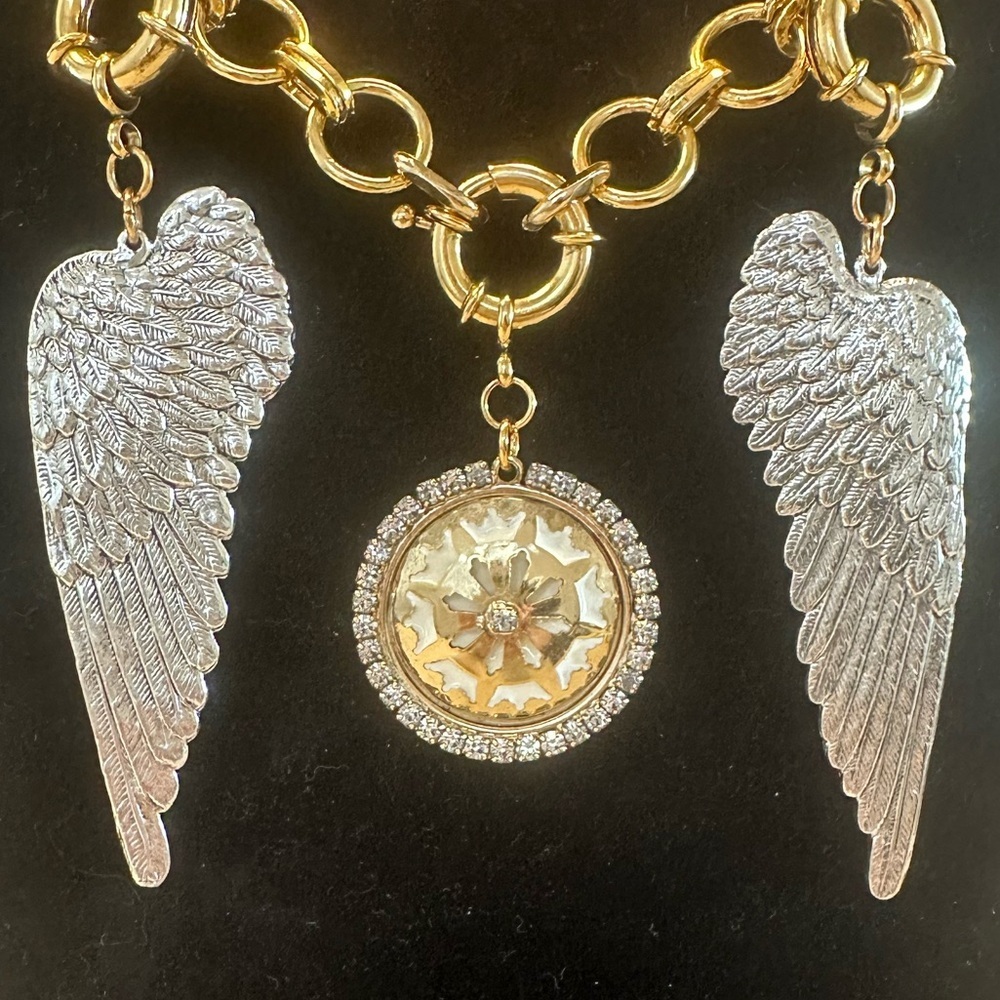 TOVA - Gold Plated Chain Charm Necklace w/ Angel Wings and Crown pendant - Picture 6 of 13